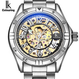 IK colouring Gold Skeleton Mechanical Hand Wind Watches Men Luxury Brand Business Dress Silver Steel Band Watch Clock relogio