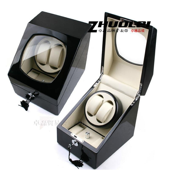 New Black luxury 2+2 rotary automatic rotating wooden watch winder display box high gloss paint watch winder