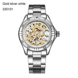 IK colouring Gold Skeleton Mechanical Hand Wind Watches Men Luxury Brand Business Dress Silver Steel Band Watch Clock relogio