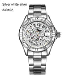 IK colouring Gold Skeleton Mechanical Hand Wind Watches Men Luxury Brand Business Dress Silver Steel Band Watch Clock relogio
