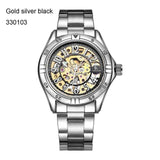 IK colouring Gold Skeleton Mechanical Hand Wind Watches Men Luxury Brand Business Dress Silver Steel Band Watch Clock relogio