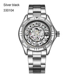 IK colouring Gold Skeleton Mechanical Hand Wind Watches Men Luxury Brand Business Dress Silver Steel Band Watch Clock relogio