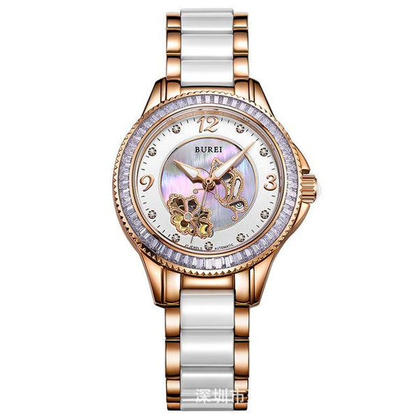 BUREI Luxury Crystal Sapphire Ladies Ceramic Band Automatic Mechanical Watch Waterproof Wristwatches With Premiums Package 15022