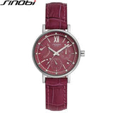 SINOBI Wathes Women Red Genuine Leather Strap Luxury Female Watch Rattrapante Outdoor Date Blue Quartz Ladies Wristwatch 1136