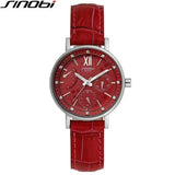 SINOBI Wathes Women Red Genuine Leather Strap Luxury Female Watch Rattrapante Outdoor Date Blue Quartz Ladies Wristwatch 1136