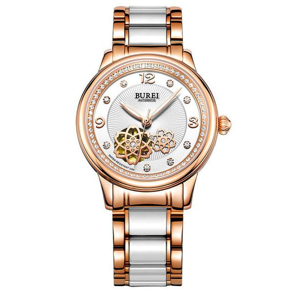 BUREI Brand Crystal Sapphire Ladies Ceramic Automatic Mechanical Watch Fashion Dress Wristwatches With Premium Package 15027