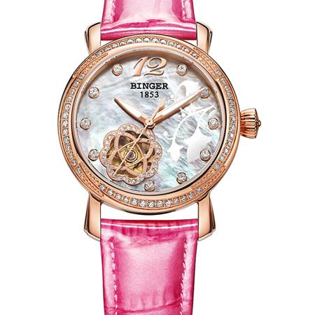 Switzerland Binger Women's watches fashion luxury clock leather strap automatic winding mechanical Wristwatches B-1132L-3