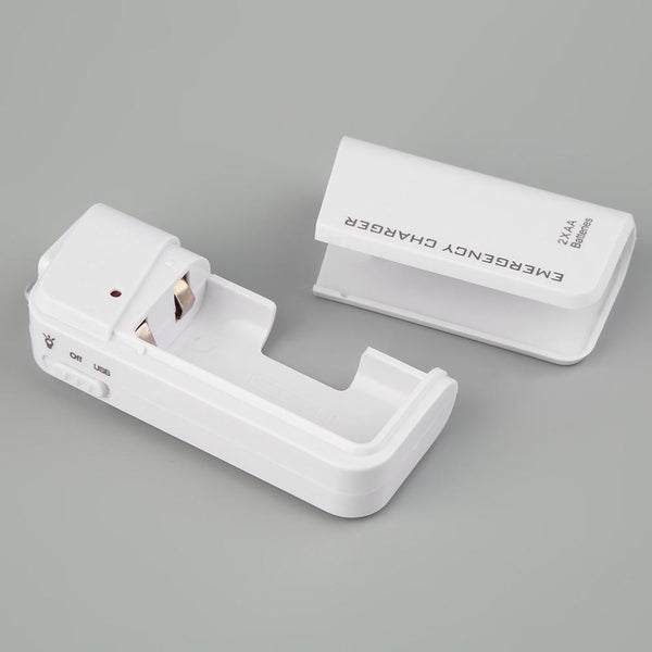 Universal Portable USB Emergency 2 AA Battery Extender Charger Power Bank Supply Box For iPhone Mobile Phone MP3 MP4 White
