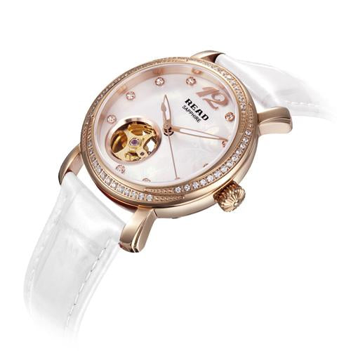 2017 READ Brand Female RoseGold Automatic Watches Self-Wind Mechanical Watches Women Genuine Leather Strap Skeleton Ladies Watch