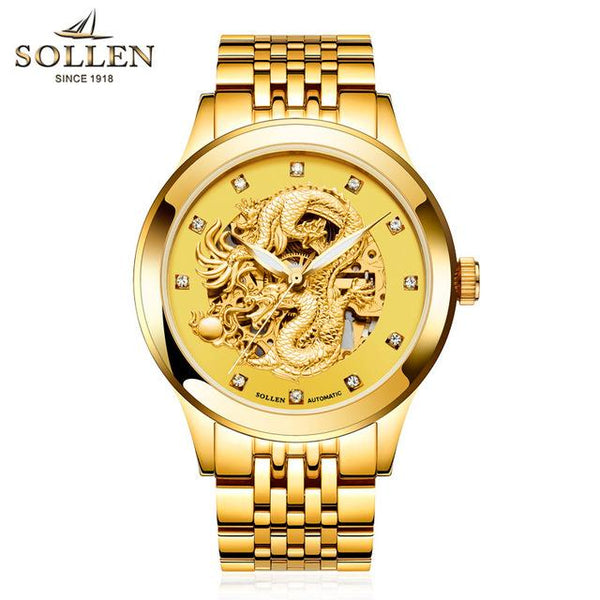 reloj hombre Dragon Skeleton Mechanical  WristWatch Men Stainless Steel Strap Gold Clock 50m Military Army Waterproof Men watch