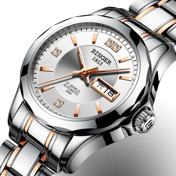2017 Binger Watch Women Luxury Brand Japan Automatic Mechanical Movement Wrist Sapphire Waterproof Ladies Watch gold 8051-7