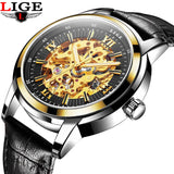 LIGE Hollow Skeleton Automatic Mechanical Mens Watch Man Classic Leather Business Men WristWatches Male Sport Clock Reloj Hombre