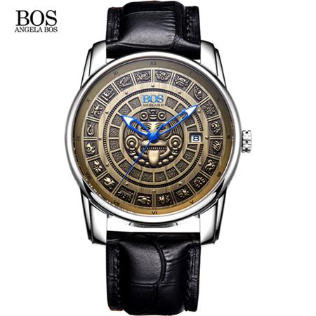 ANGELA BOS Retro 3D Maya Calendar Dial Stainless Steel Automatic Mechanical Watch Men Luminous Mens Watches Top Brand Luxury