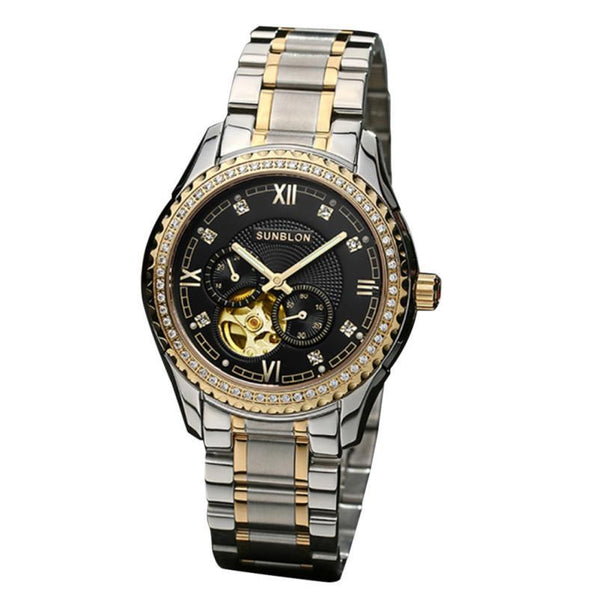 New style SUNBLON S505B Stainless Steel Mechanical Skeleton Watch Golden Movement#915