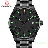 New Carnival Tritium Light mens Watch Quartz Double calendar Date Tritium Luminous Waterproof Military diving Watches full steel