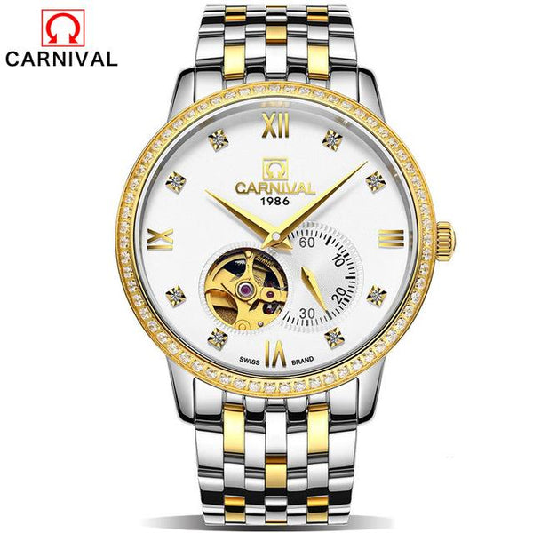 CARNIVAL 2017 gold watches Men luxury top brand stainless steel fashion skeleton automatic mechanical watches relogio masculino