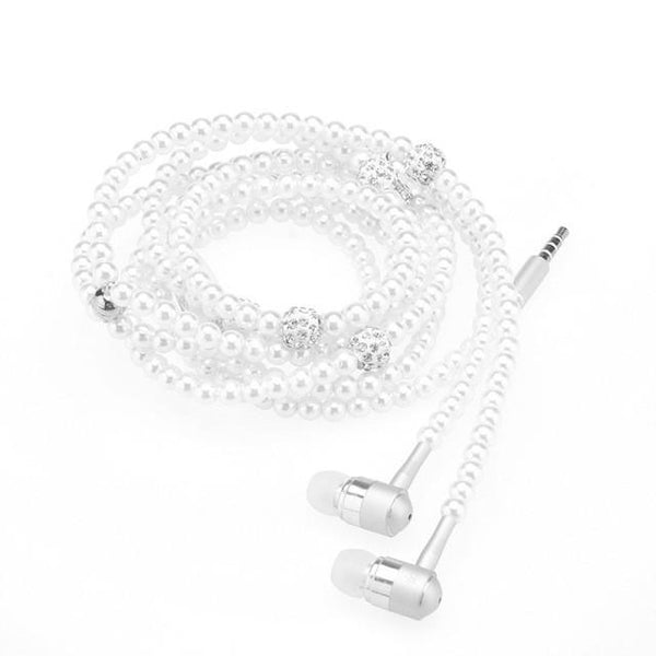 FORNORM 3.5mm Rhinestone Jewelry Pearl Necklace Earphones Sound In-ear Handsfree Earbuds With HD Microphone For SmartPhone