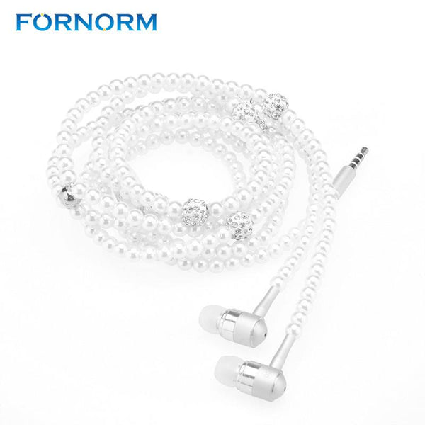 FORNORM Rhinestone Jewelry Pearl Necklace Earphones Design 3D Surround Sound In-ear Handsfree Earbuds With HD Microphone Newest