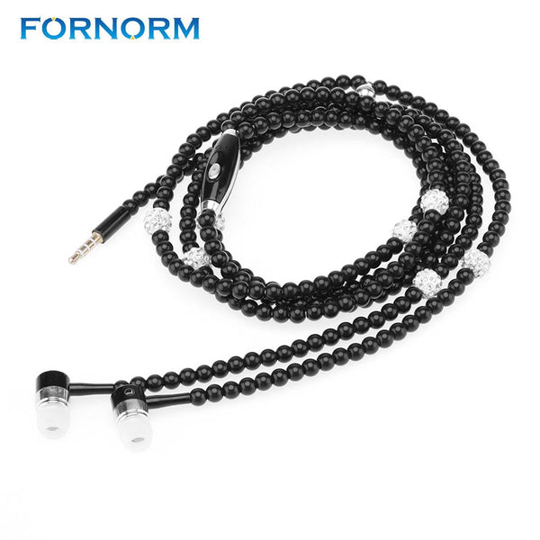 FORNORM Wired Jewelry Pearl Necklace Earphones Handsfree In-ear Luxury Beads black for IOS/Android Cell Phone Girls gifts