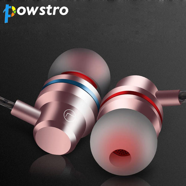 Powstro Metal Stereo Earphone 3D Surround Sound 3.55mm Jack Hands Free Earbuds Silicone Ear Cap With HD Mic for Smartphone