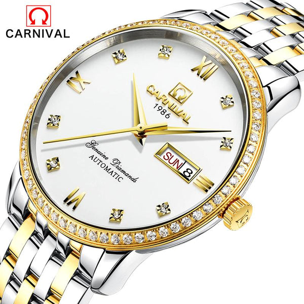 2017 New CARNIVAL Automatic Mens Watches Business Classic Mechanical AUTO Date Day Stainless Steel Band Skeleton Wristwatch