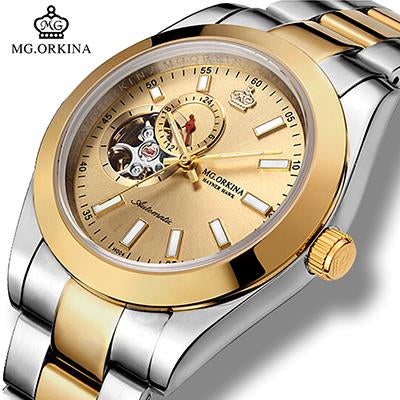 MG.ORKINA Mens Automatic Self Winding Mechanical Skeleton Watches Waterproof Silver Stainless Steel 316L 40MM Auto Date Watch