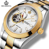 MG.ORKINA Mens Automatic Self Winding Mechanical Skeleton Watches Waterproof Silver Stainless Steel 316L 40MM Auto Date Watch