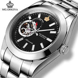 MG.ORKINA Mens Automatic Self Winding Mechanical Skeleton Watches Waterproof Silver Stainless Steel 316L 40MM Auto Date Watch