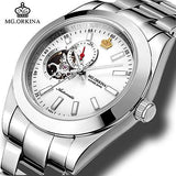 MG.ORKINA Mens Automatic Self Winding Mechanical Skeleton Watches Waterproof Silver Stainless Steel 316L 40MM Auto Date Watch