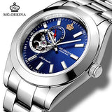 MG.ORKINA Mens Automatic Self Winding Mechanical Skeleton Watches Waterproof Silver Stainless Steel 316L 40MM Auto Date Watch