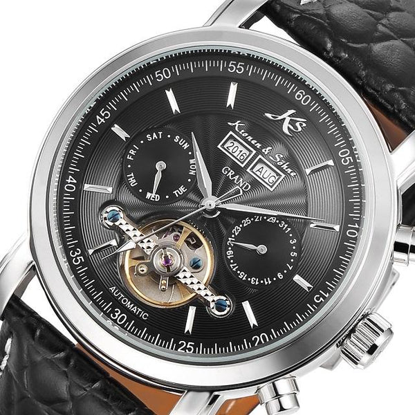 KS GRAND Series Automatic Mechanical Rose Gold Case Date Tourbillon Steel Case Men Leather Wrist Watches +Luxury Wood Box /KS368