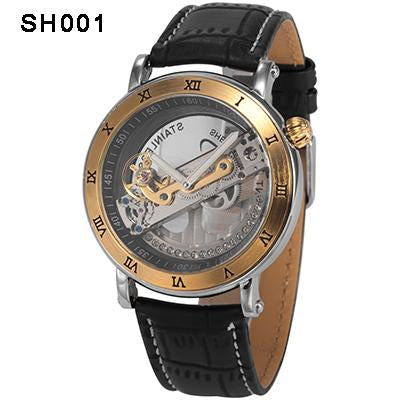 Mens Automatic Mechanical Watches Top Brand Luxury Watch Men Skeleton Transparent Automatic Self Wind Black Leather Wrist Watch