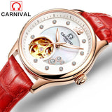 Carnival Luxury Fashion Automatic Mechanical Watches Women Leather Waterproof Diamond Hollow Luminous Woman Watch montre femme