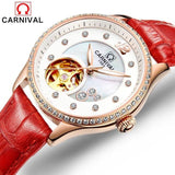 Carnival Luxury Fashion Automatic Mechanical Watches Women Leather Waterproof Diamond Hollow Luminous Woman Watch montre femme