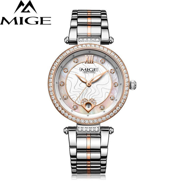 MIGE Women Watches Top Brand Luxury Quartz Movement Calendar Synthetic Sapphire Crystal Rhinestone Luminous Relogio Feminino