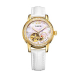 MIGE Women Watches Luxury Hollow Mechanical Watch Rhinestone Synthetic Sapphire Crystal White Leather Strap Relogio  Feminino