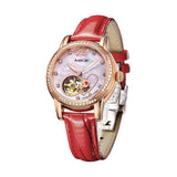 MIGE Women Watches Luxury Hollow Mechanical Watch Rhinestone Synthetic Sapphire Crystal White Leather Strap Relogio  Feminino