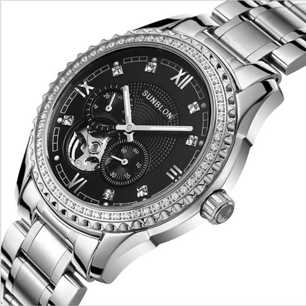 2017 Stainless Steel Mechanical Skeleton Watch Golden Movement Sapphire Crystal Water Resistant Depth: 50m Y7821