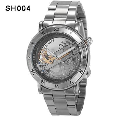 Shenhua Luxury Hollow Full Stainless Steel Silver Power Automatic Watches mens Transparent Mechanical Metal Watch Men Clock