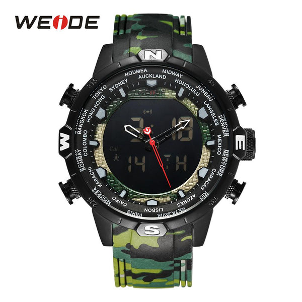 WEIDE Men Sport Watches Quartz Alarm Chronograph Date Digital Display Analog Black Camouflage Army Green Rubber Strap Wristwatch