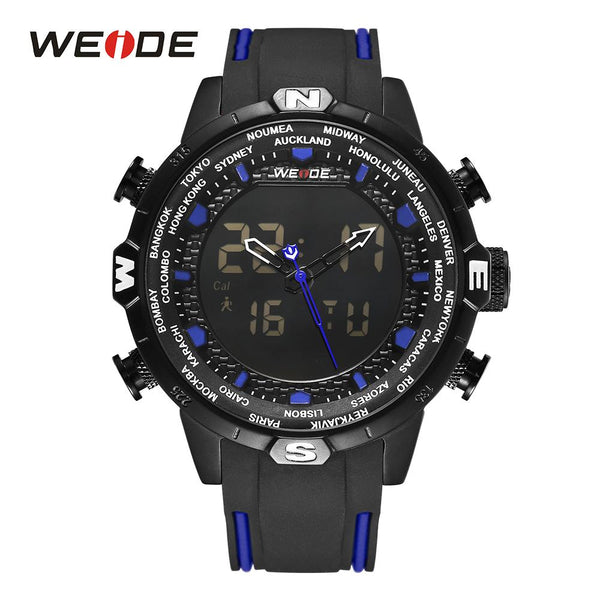 WEIDE Men Quartz Watches Sport Alarm Chronograph Auto Date Digital Calendar Display Analog Black Rubber Strap Outdoor Wristwatch