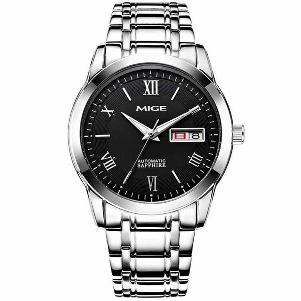 MIGE Mechanical Watches Men Date Calendar Transparent Bottom Cover Synthetic Sapphire Crystal Stainless Steel Bracelets Relogio