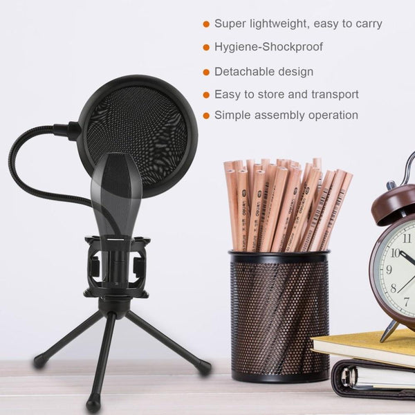 Mini Microphone POP Filter Shockproof Desktop Tripod Stand Microphone Mount Holder Filter Cover for Broadcasting Karaoke
