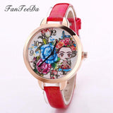 FanTeeDa 2018 Luxury Brand Women Watches Fashion Flower Girls Model Smart Red Leather Band Quartz Wristwatch Dress Clock