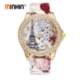MINHIN Boho Leather Band Wrist Watches Eiffel Tower Design Women's Quartz Watch Rhinestone Gold Watches Fashion Smart Watch