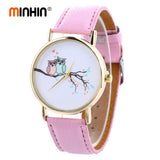 MINHIN Women Smart Watches Owl Design Gold Round Quartz Wristwatches Leather Strap Casual Students Watches