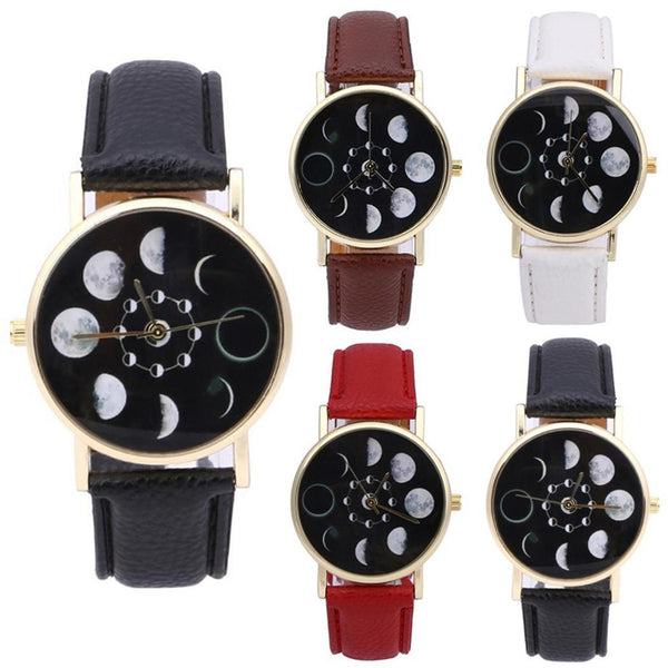 Eclipse Stylish Fashion Women Phase Moon Lunar Watch Change Bracelet Design Clock Leather Quartz Wrist Watch relogio masculino